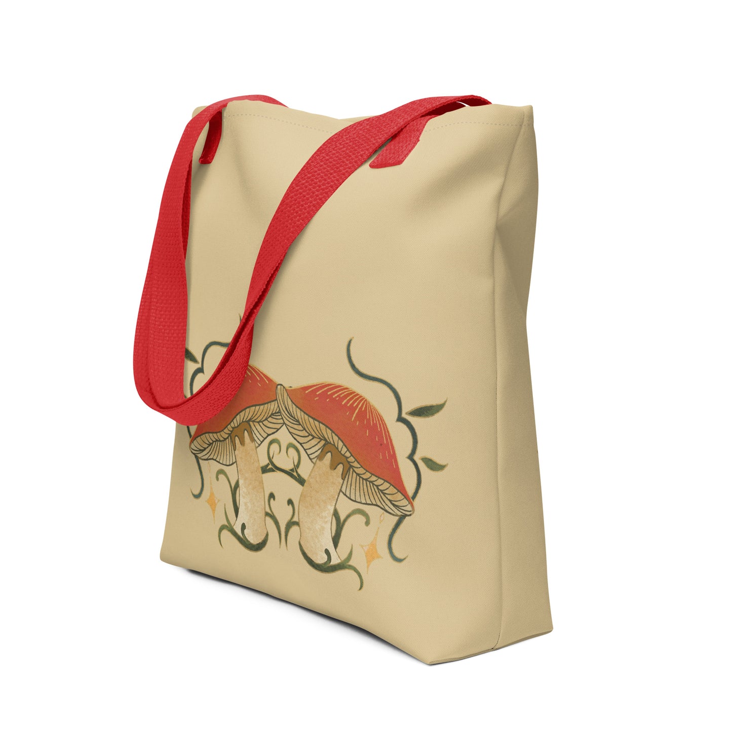 Autumn Mushrooms Tote Bag with Red Handle