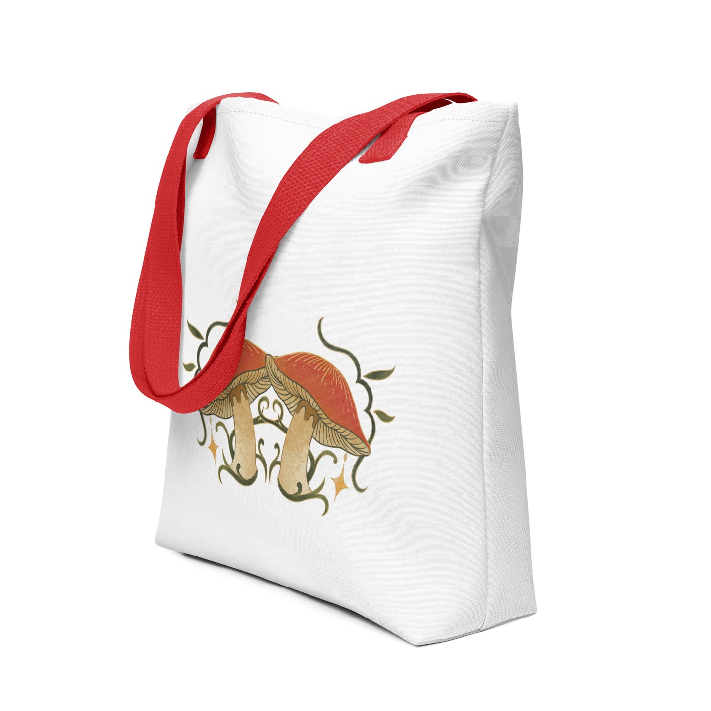 Autumn Mushrooms White Tote Bag Red Handle