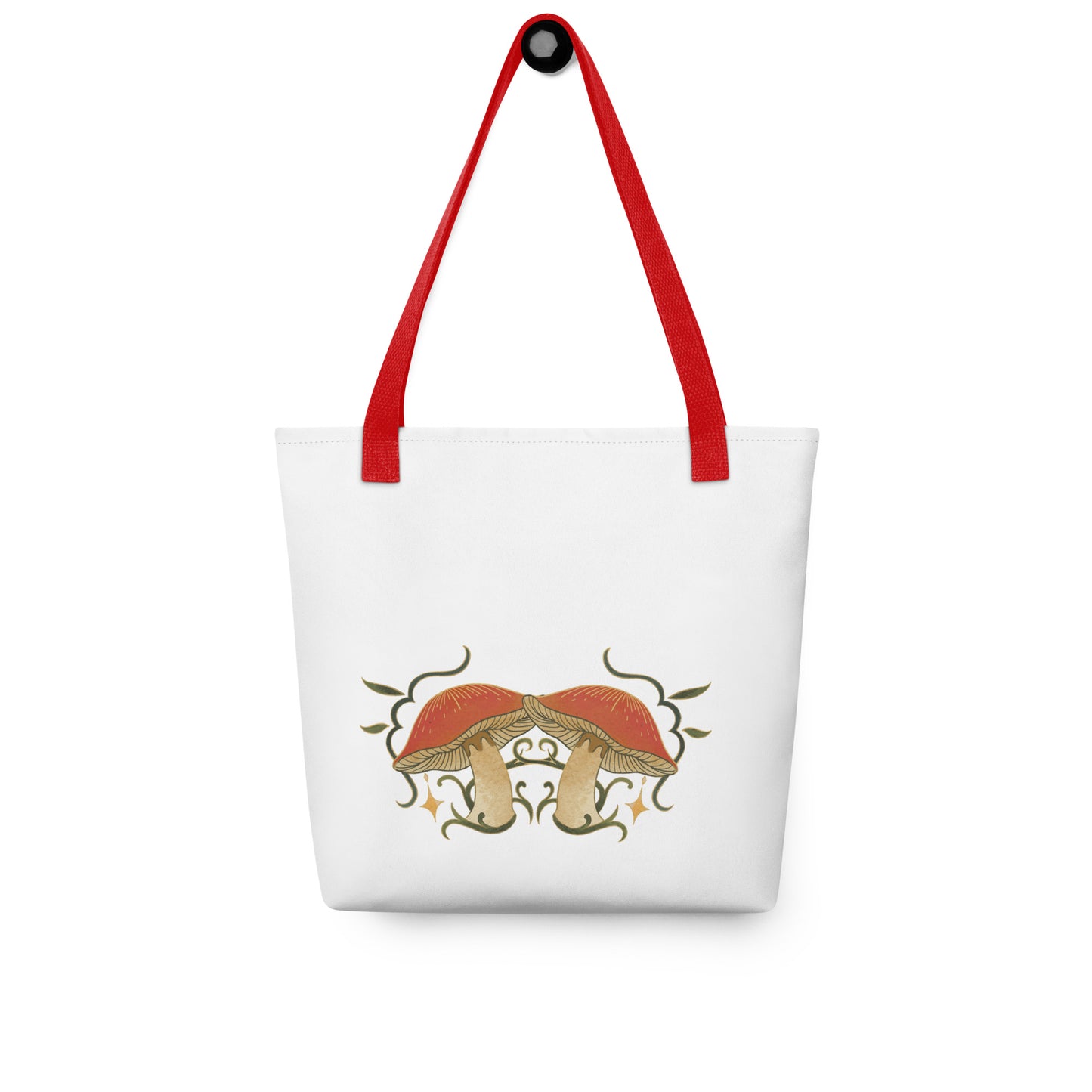 Autumn Mushrooms White Tote Bag Red Handle