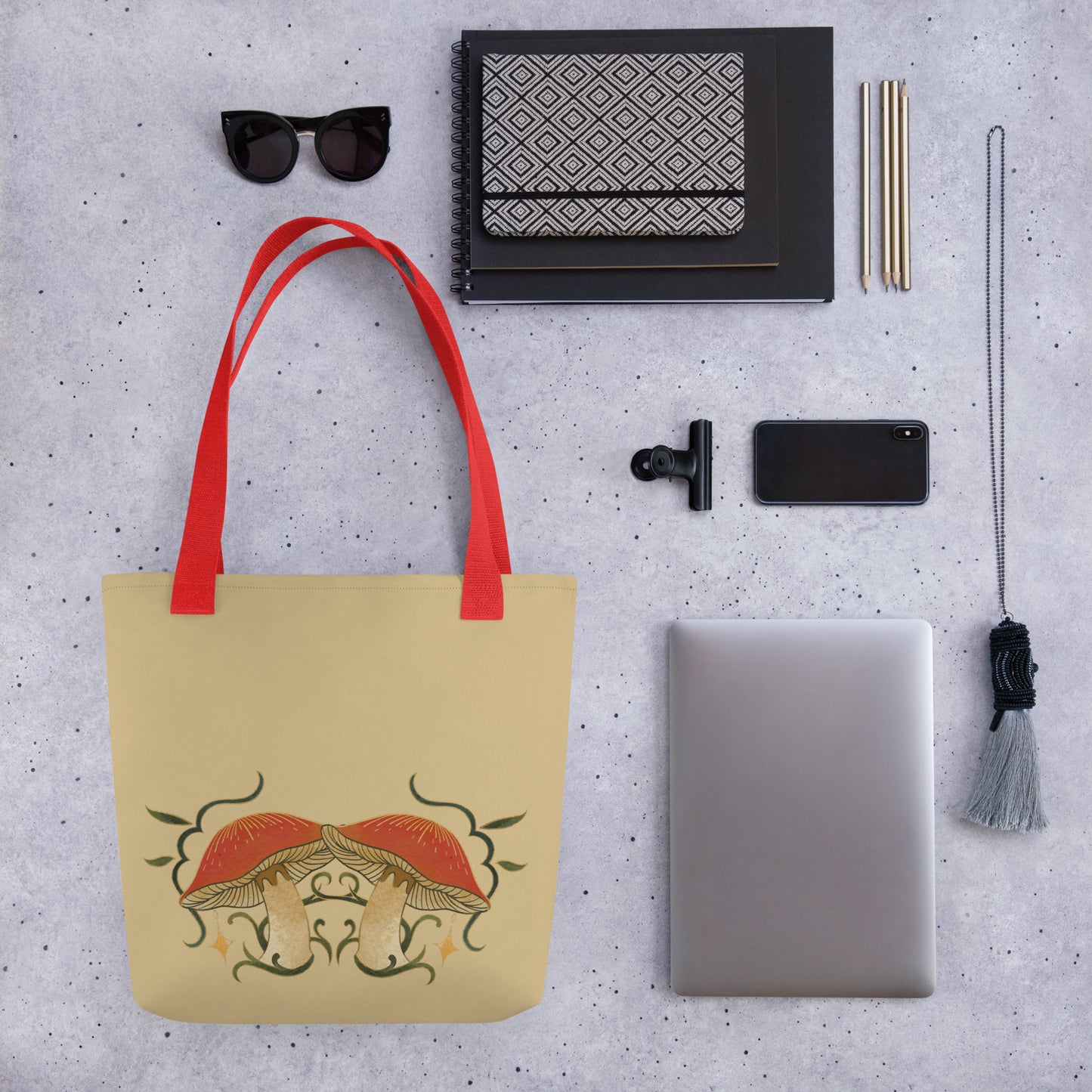 Autumn Mushrooms Tote Bag with Red Handle