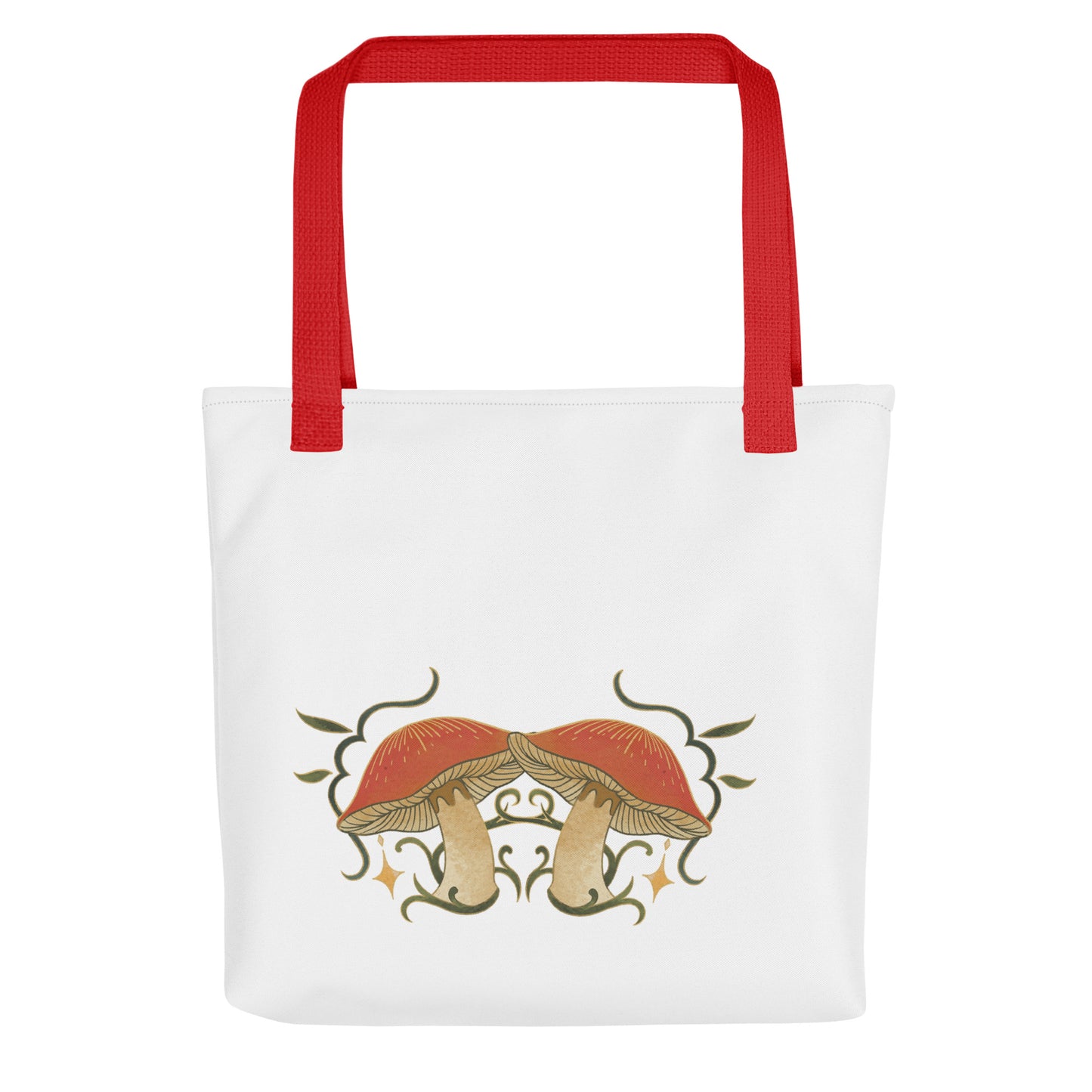 Autumn Mushrooms White Tote Bag Red Handle