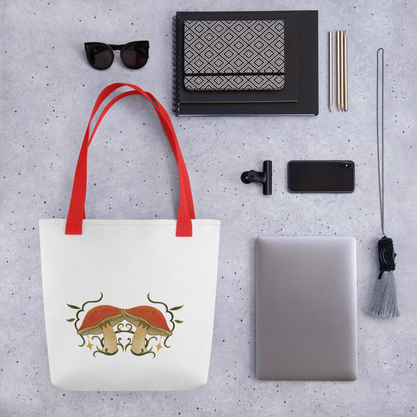 Autumn Mushrooms White Tote Bag Red Handle