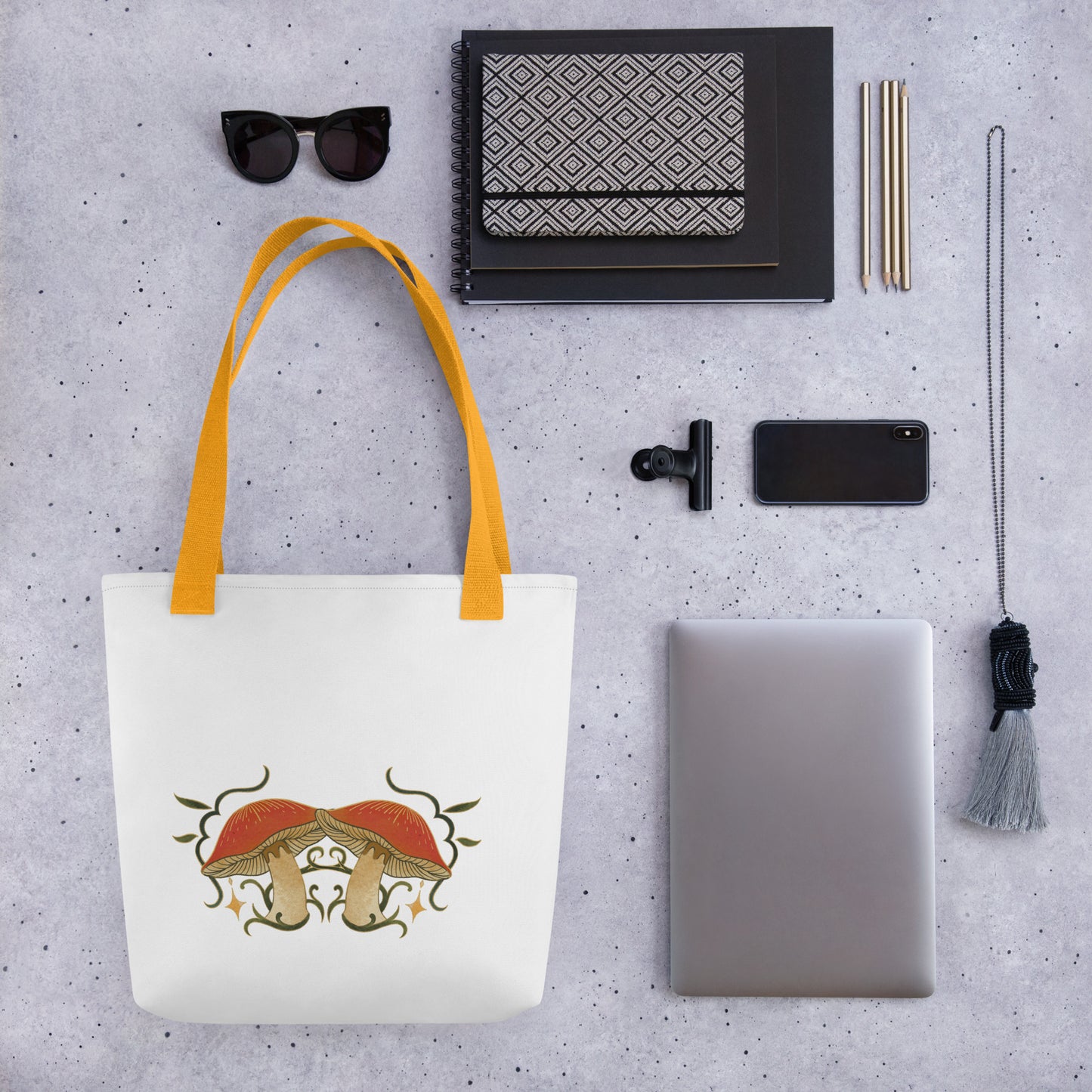 Autumn Mushrooms White Tote Bag Orange Handle