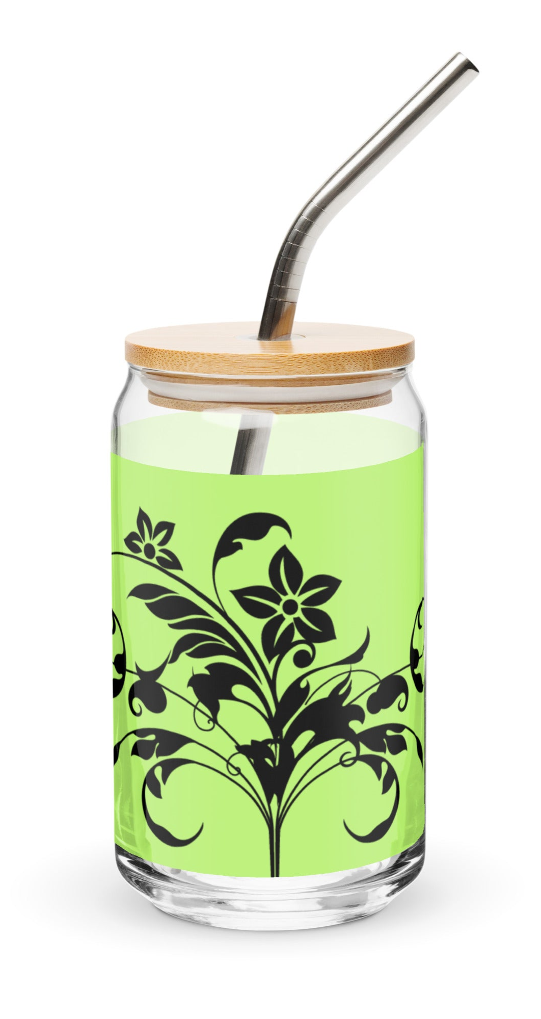 Floral Filigree Bouquet Green Can-Shaped Glass with Lid & Straw