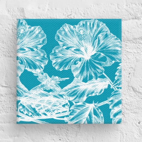 White Flowers Teal Mini Square Canvas Print 6" x 6" Desk Decor