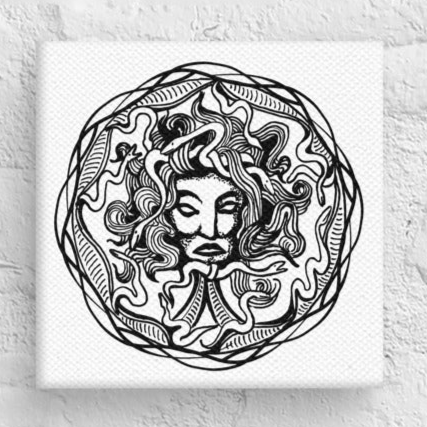 Medusa Circle Emblem Design White Mini Square Canvas Print 6" x 6" Desk Decor