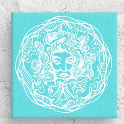 Medusa Circle Emblem Design Bright Blue Mini Square Canvas Print 6" x 6" Desk Decor