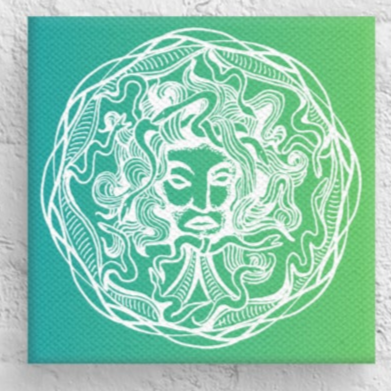 Medusa Circle Emblem Green Gradient Design Mini Square Canvas Print 6" x 6" Desk Decor