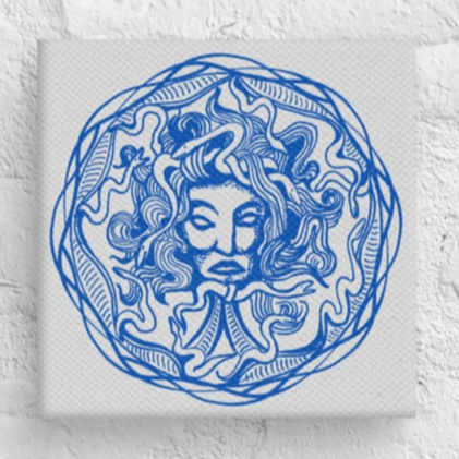 Medusa Circle Emblem Blue Design Gray Mini Square Canvas Print 6" x 6" Desk Decor