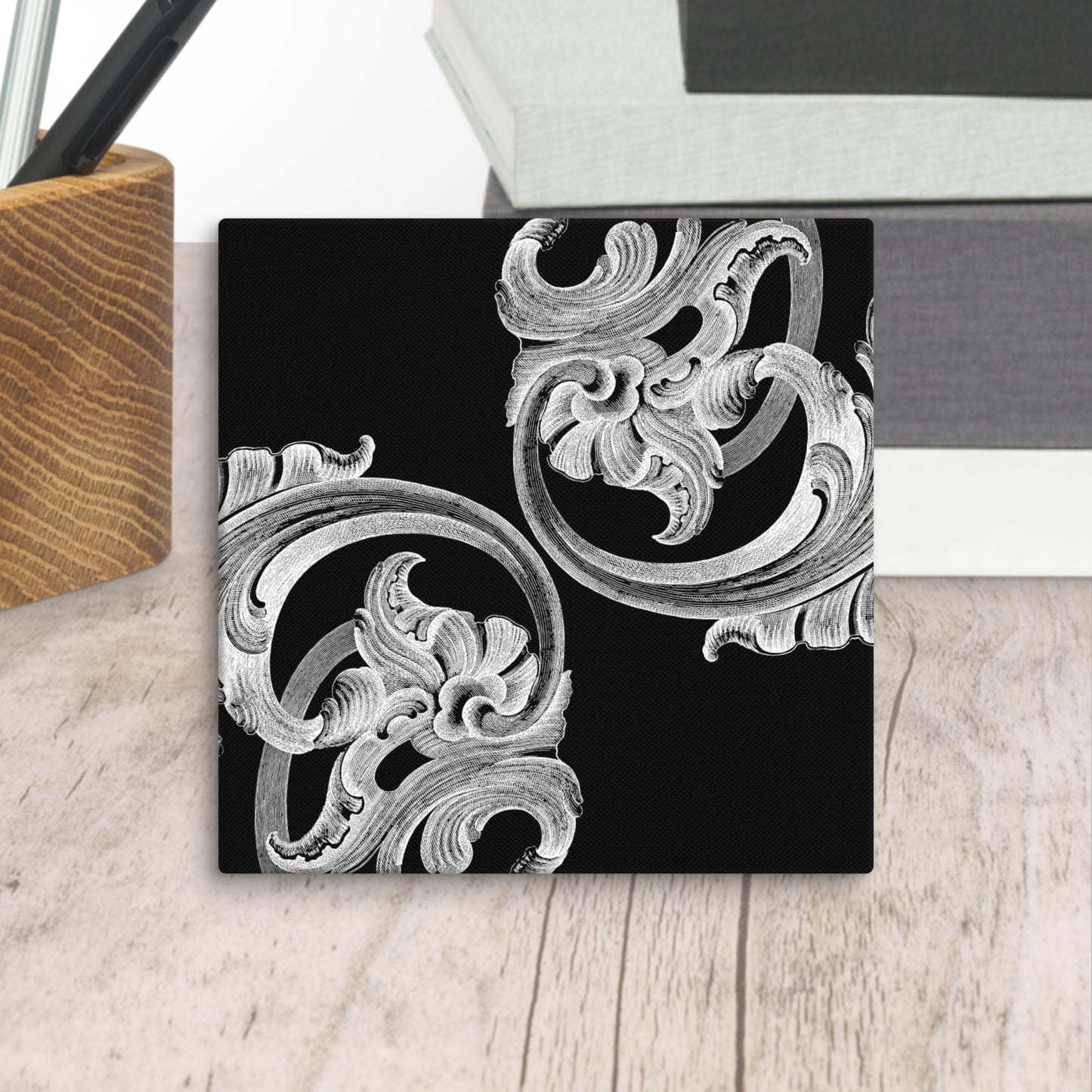 Art Nouveau Filigree Black & White Mini Square Canvas Print 6" x 6" Desk Decor