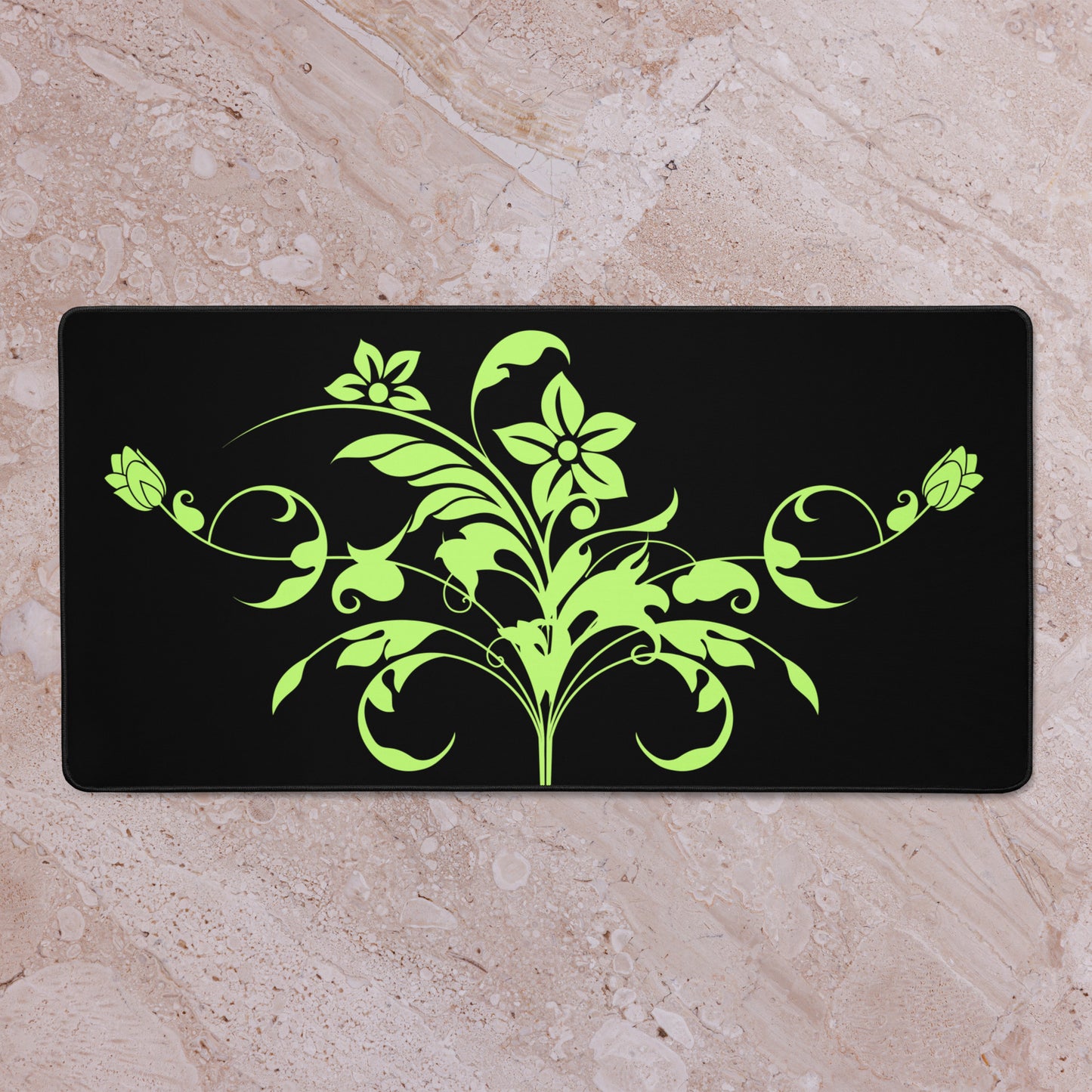 Floral Filigree Bouquet Green Design Black Desk Mat 16″×32″
