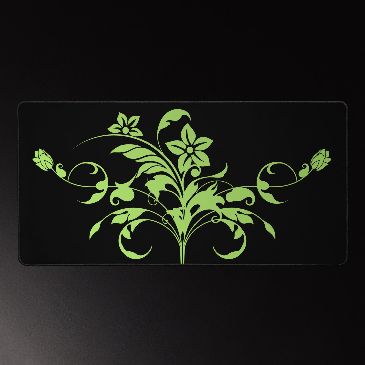 Floral Filigree Bouquet Green Design Black Desk Mat 16″×32″