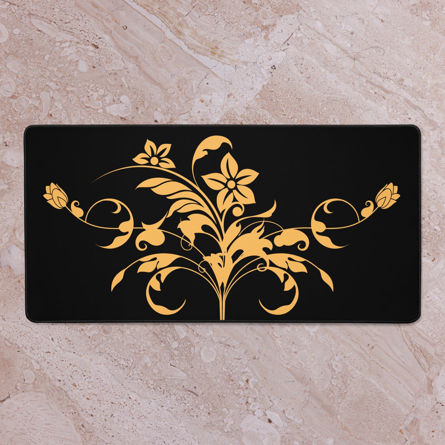 Floral Filigree Bouquet Orange Design Black Desk Mat 16″×32″