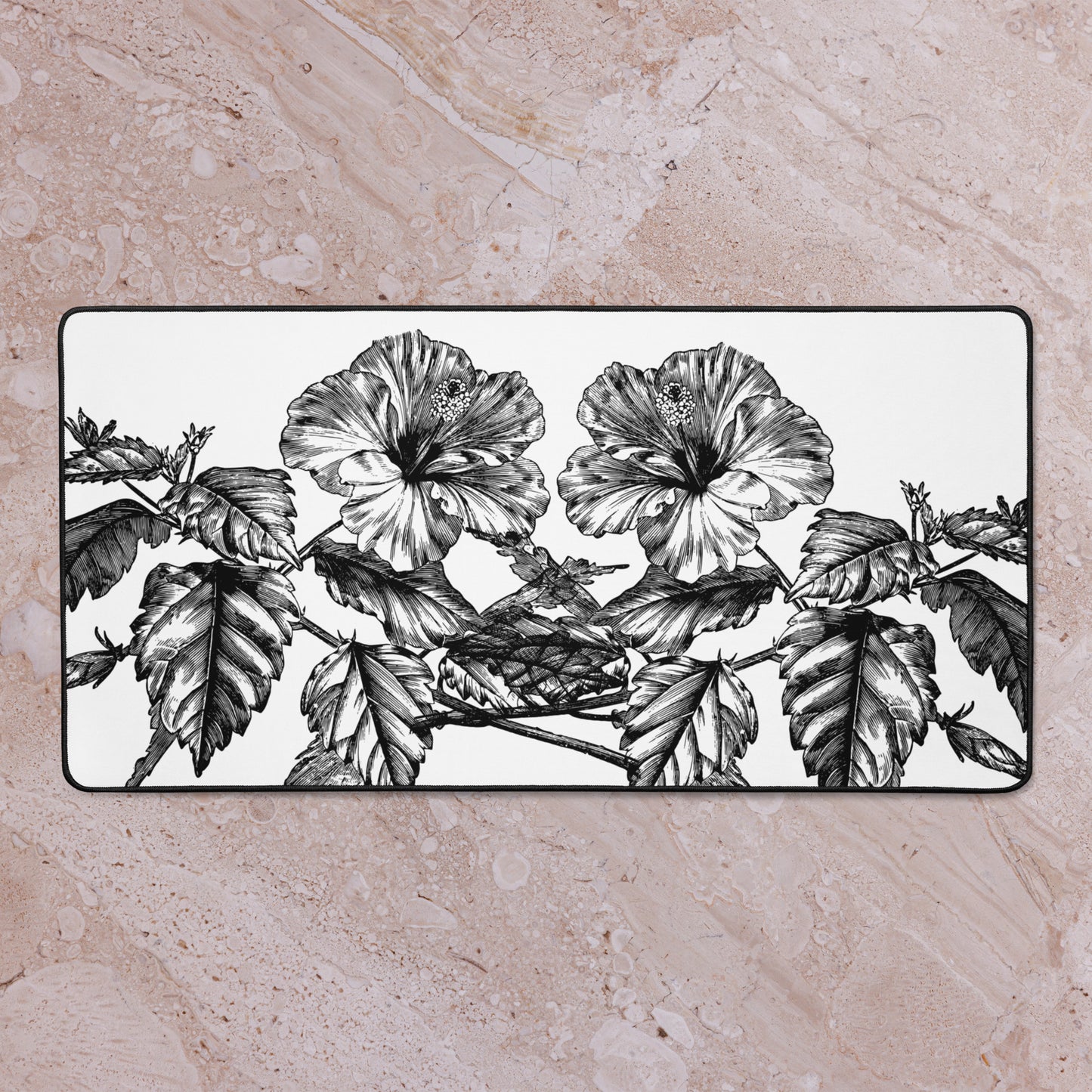 White Flowers White Desk Mat 16″×32″