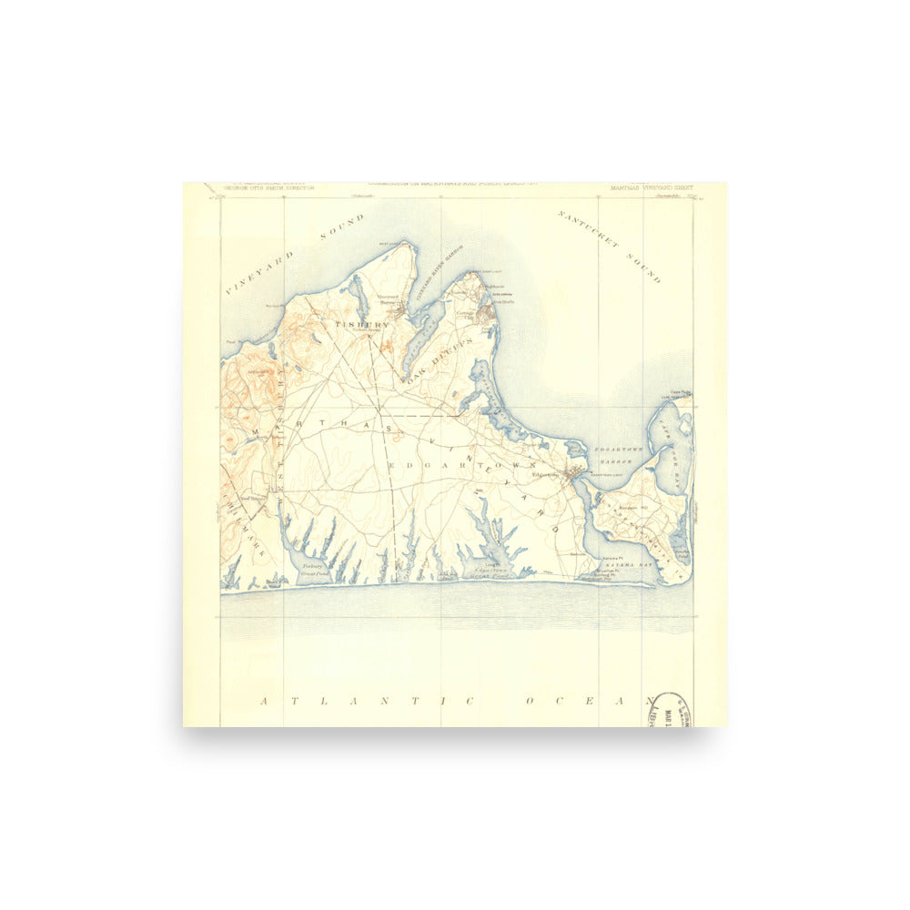 Enhanced Matte Paper Poster 10" x 10" Marthas Vineyard MA 1887 Historical Map