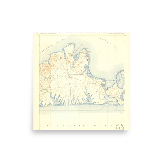 Enhanced Matte Paper Poster 10" x 10" Marthas Vineyard MA 1887 Historical Map