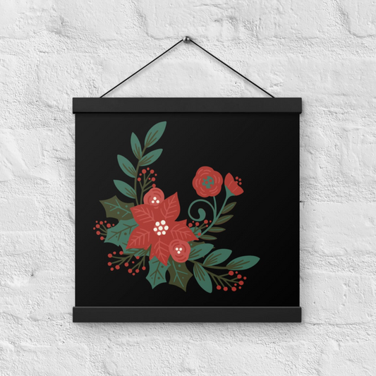 Poinsettia Holly Berry Black Poster with Wood Hanger 12" x 12" Square