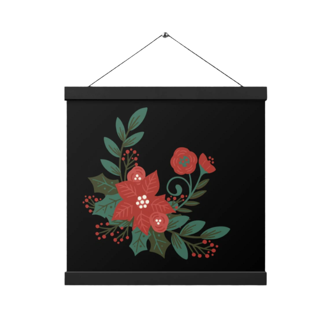 Poinsettia Holly Berry Black Poster with Wood Hanger 12" x 12" Square