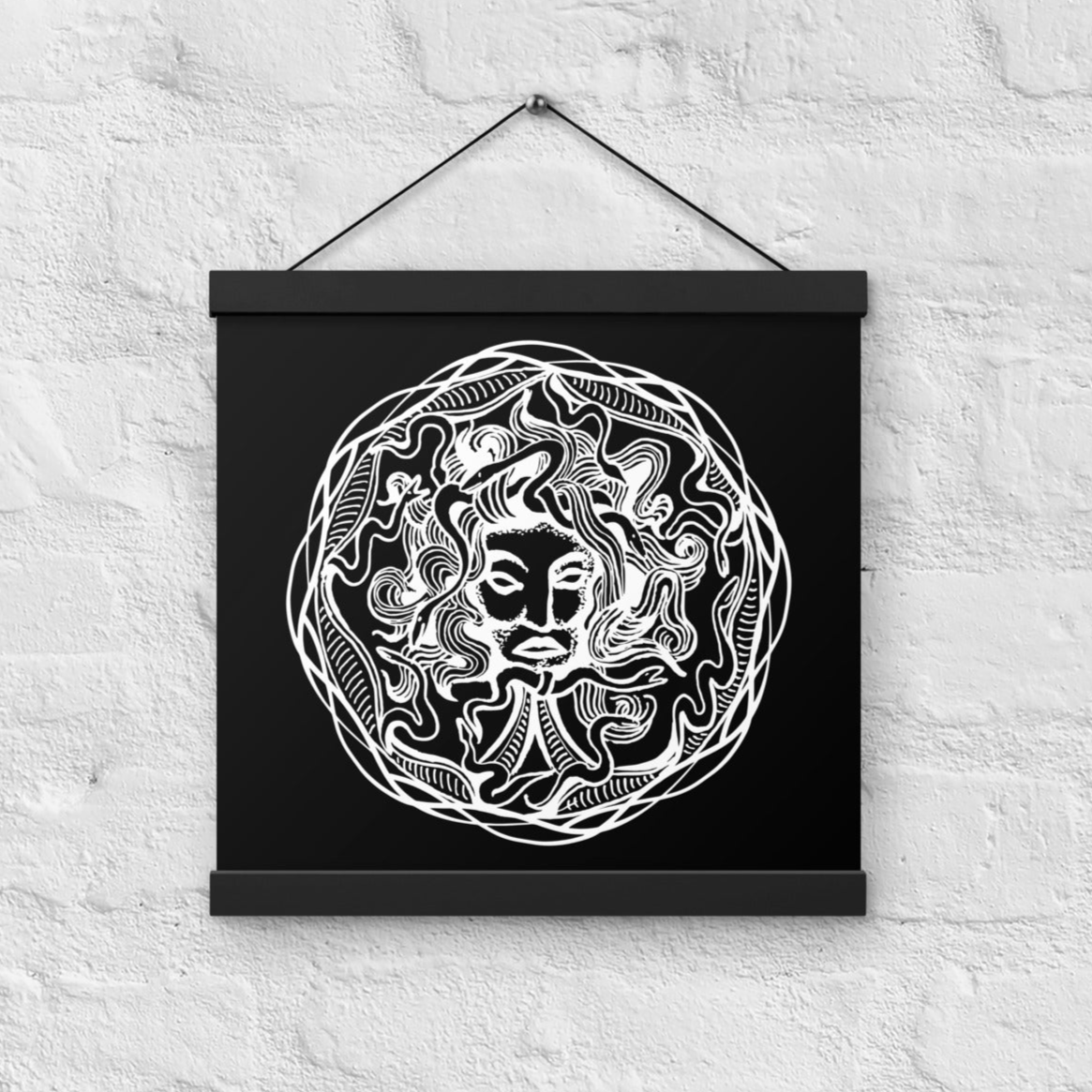 Medusa Circle Emblem Design Black Poster with Wood Hanger 12" x 12" Square