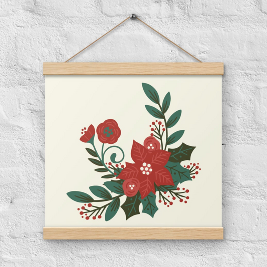 Poinsettia Holly Berry Poster with Wood Hanger 12" x 12" Square