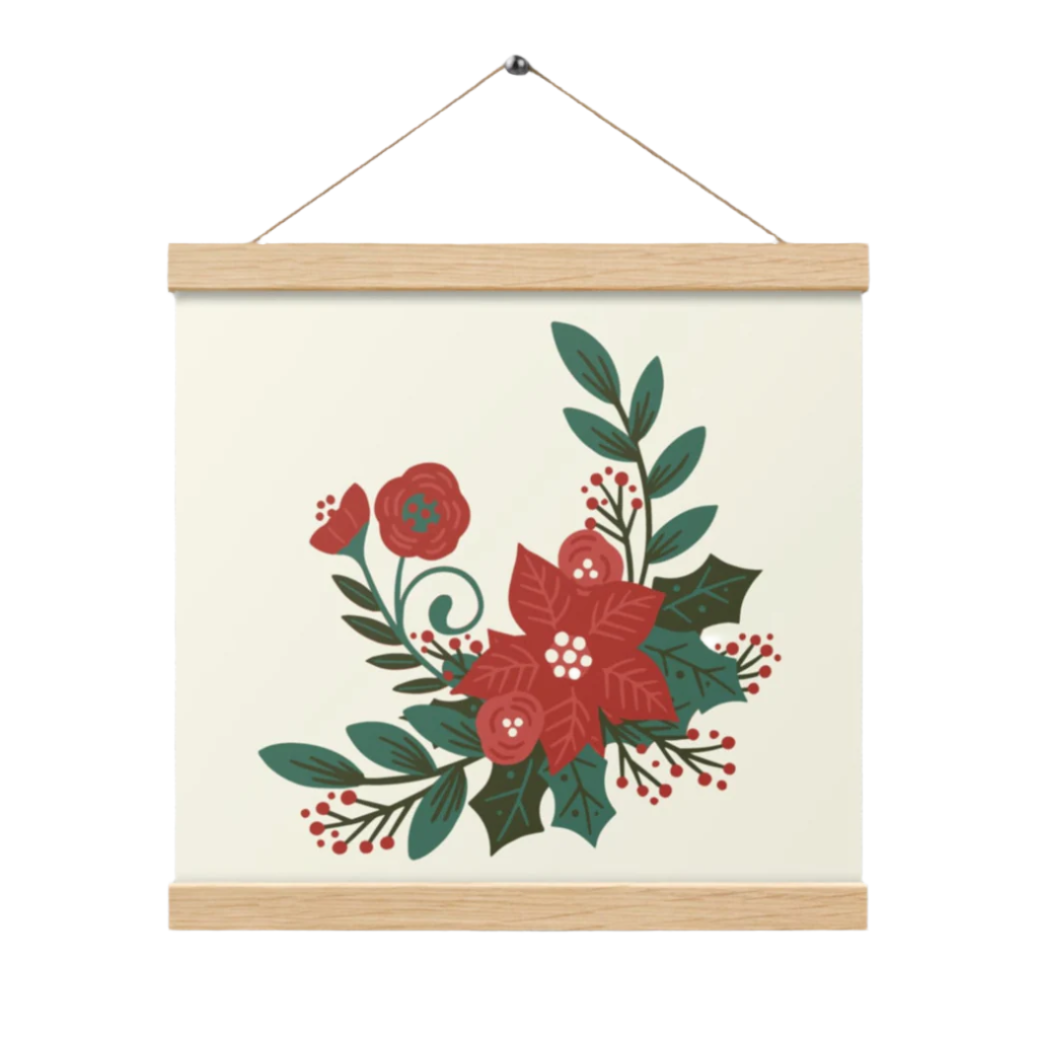 Poinsettia Holly Berry Poster with Wood Hanger 12" x 12" Square