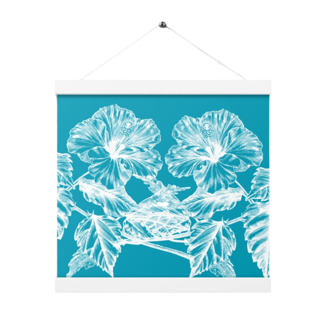 White Flowers Teal Poster with Wood Hanger 12" x 12" Square