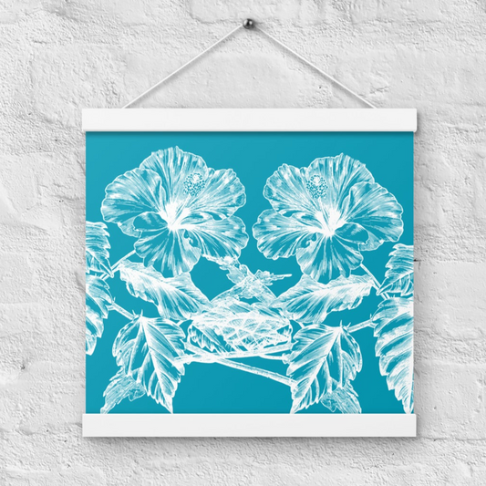 White Flowers Teal Poster with Wood Hanger 12" x 12" Square