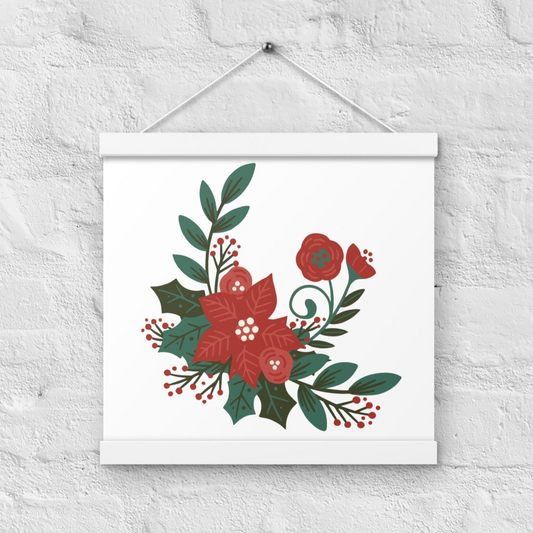 Poinsettia Holly Berry White Poster with Wood Hanger 12" x 12" Square