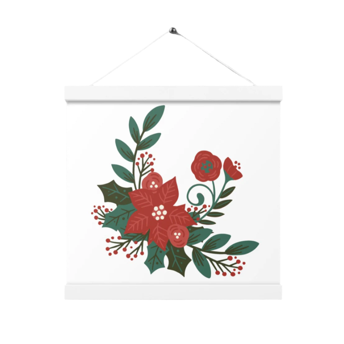 Poinsettia Holly Berry White Poster with Wood Hanger 12" x 12" Square