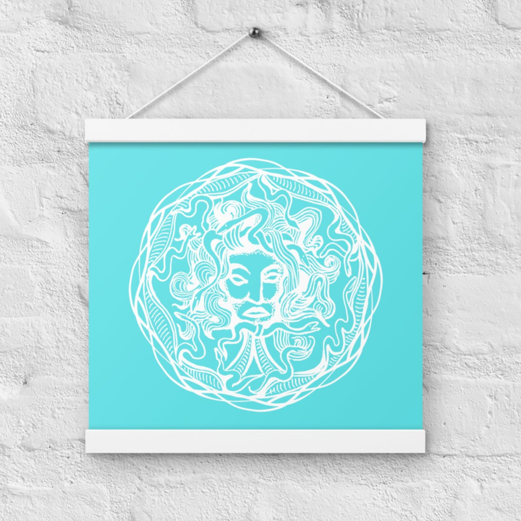 Medusa Circle Emblem Design Bright Blue Poster with Wood Hanger 12" x 12" Square