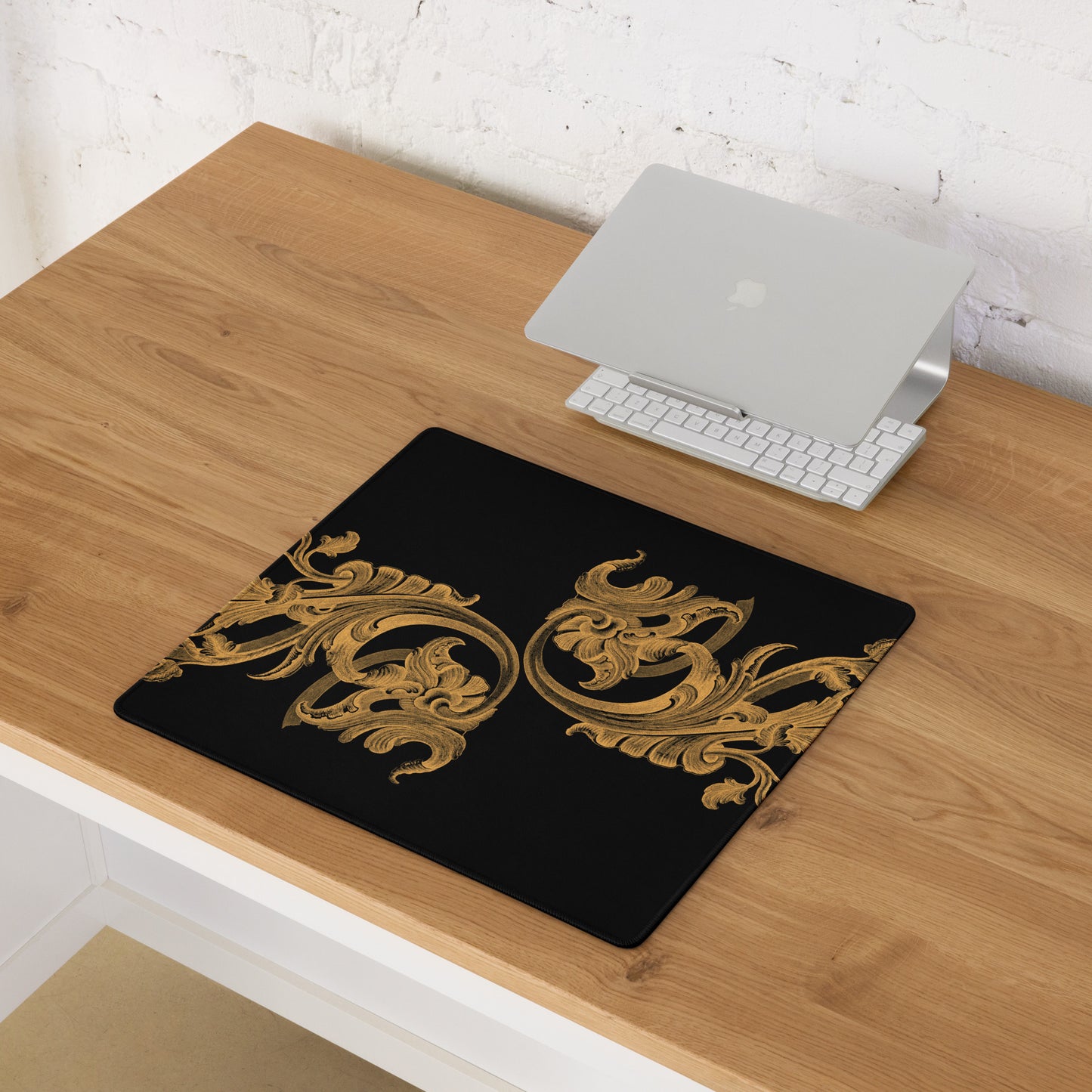 Art Nouveau Filigree Orange Black Desk Mat Gaming Mouse Pad 18″ × 16″