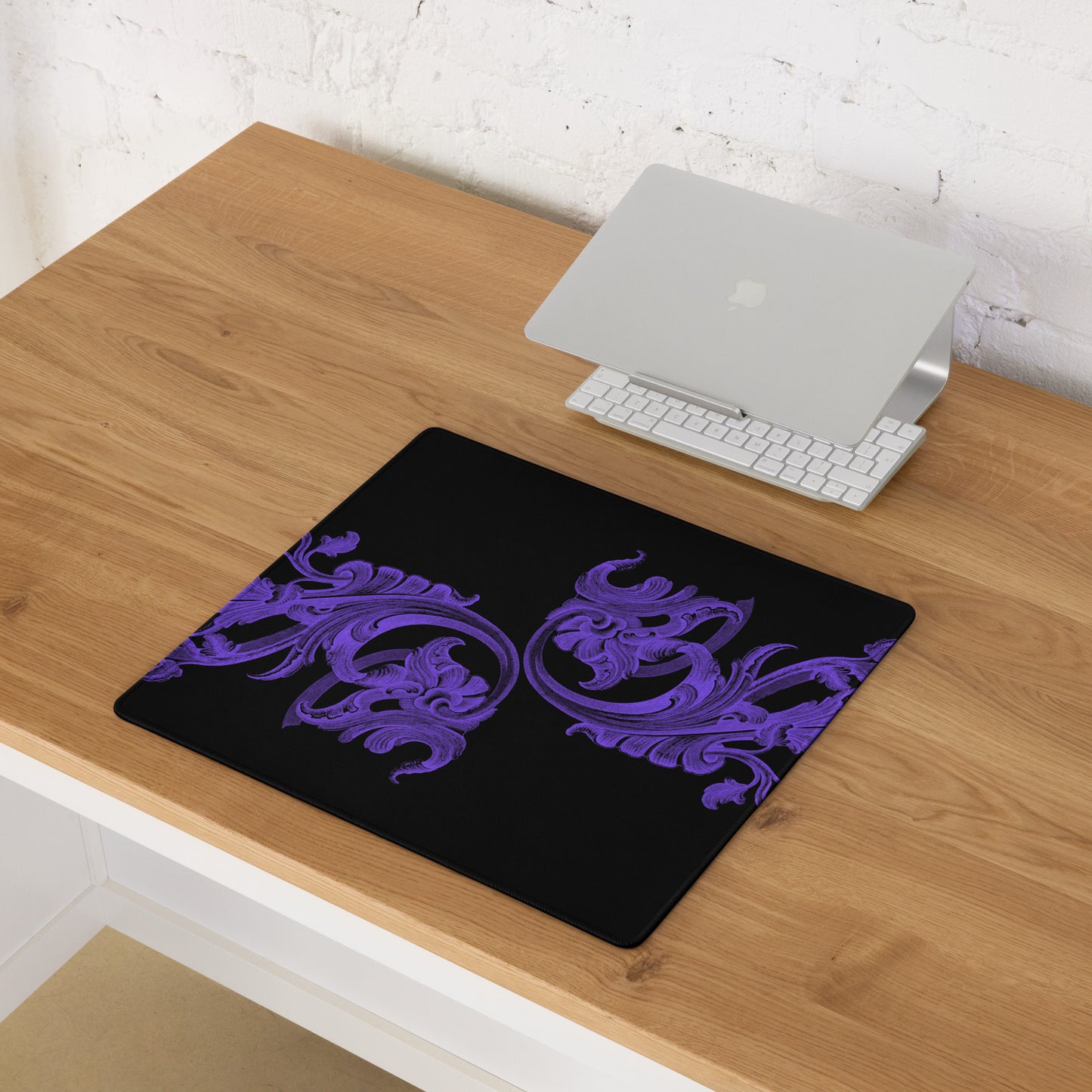 Art Nouveau Filigree Purple Black Desk Mat Gaming Mouse Pad 18″ × 16″