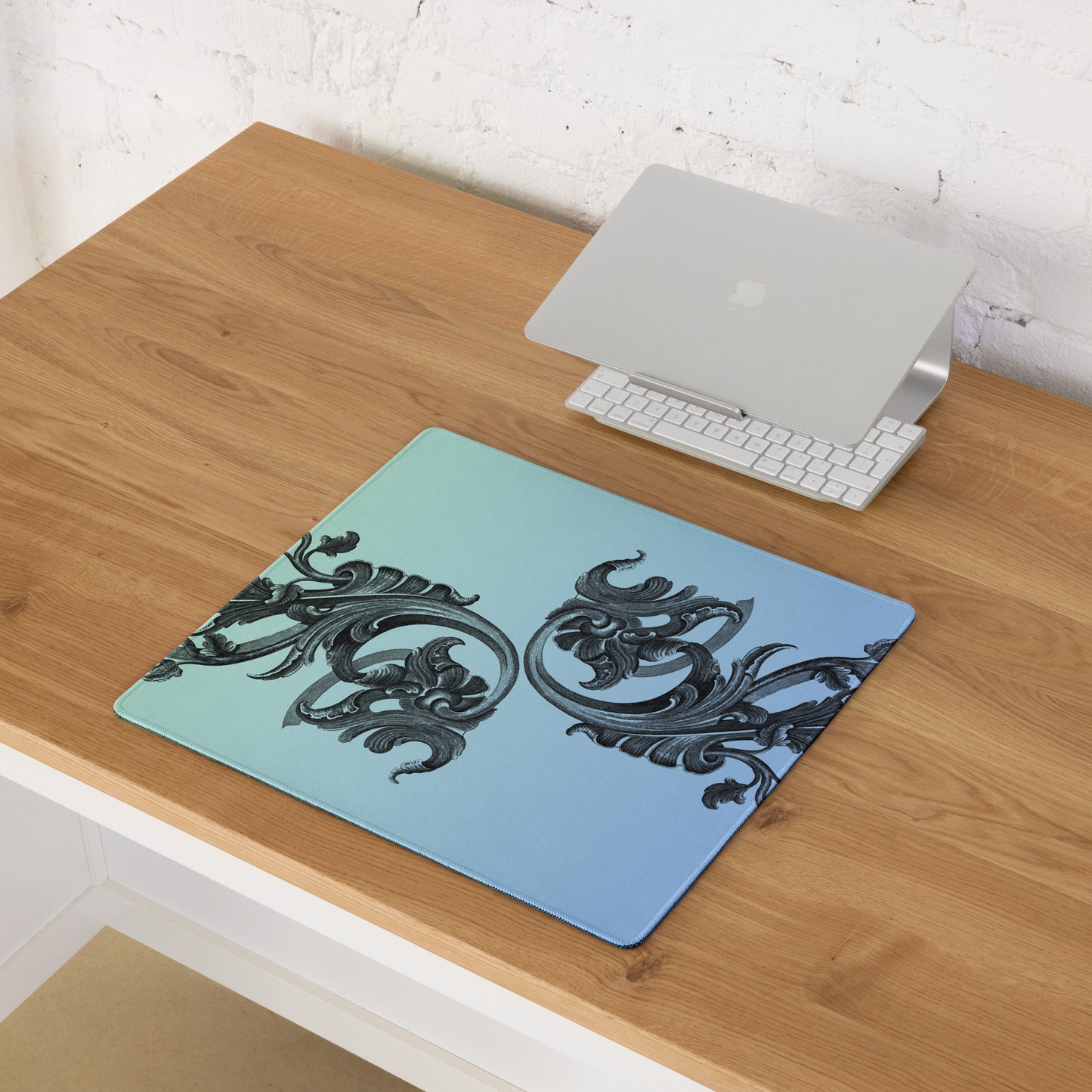 Art Nouveau Filigree Green Blue Gradient Desk Mat Gaming Mouse Pad 18″ × 16″