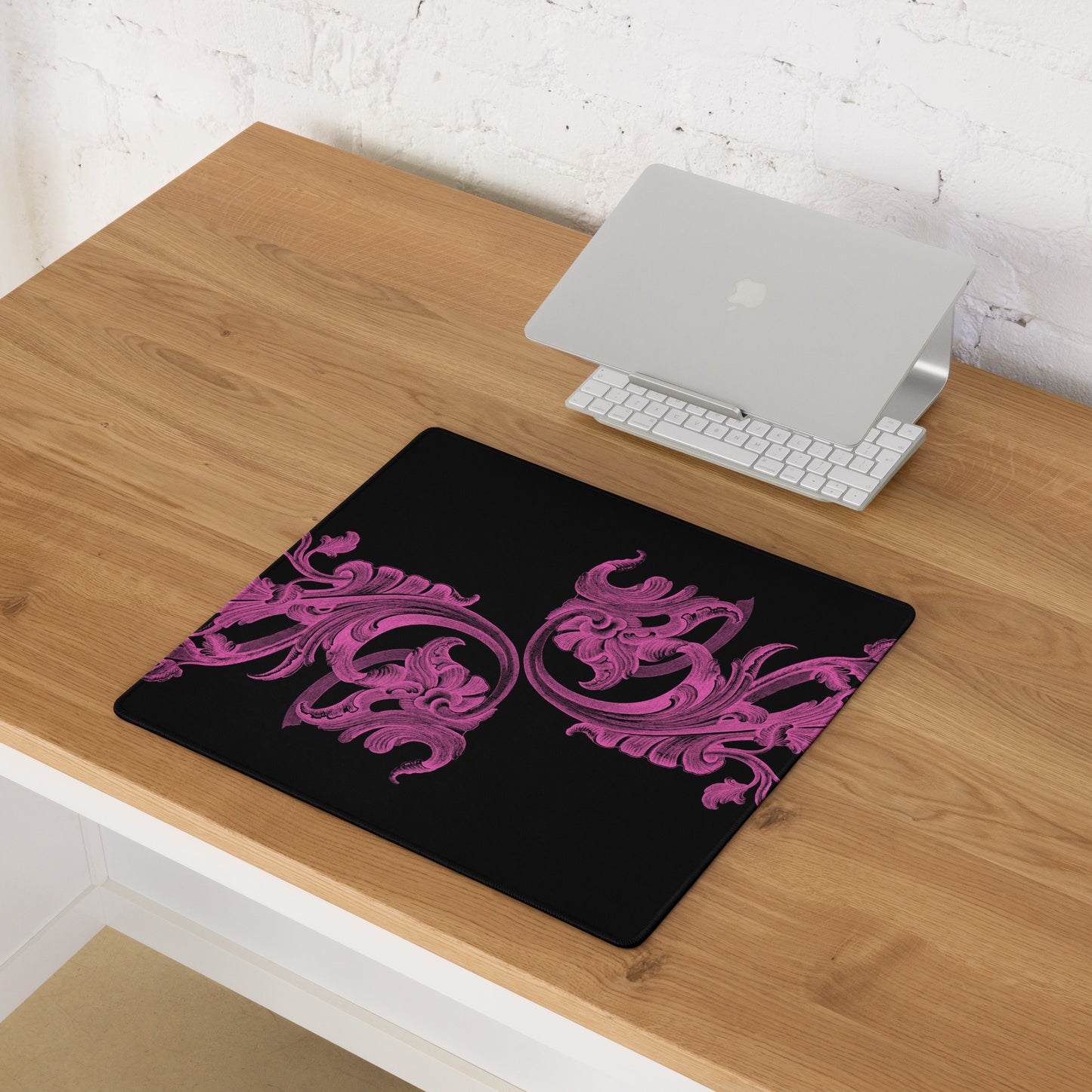 Art Nouveau Filigree Pink Black Desk Mat Gaming Mouse Pad 18″ × 16″