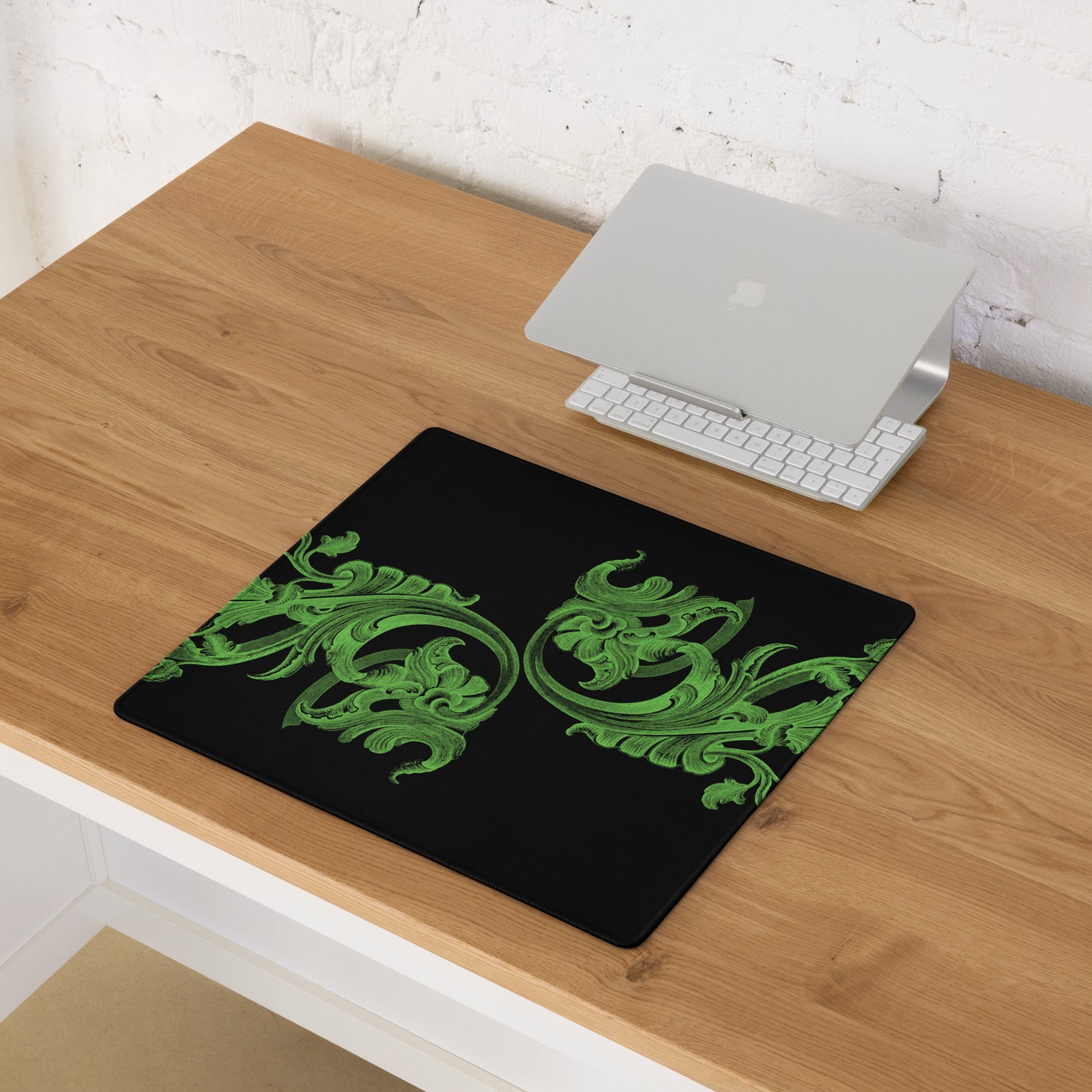 Art Nouveau Filigree Green Black Desk Mat Gaming Mouse Pad 18″ × 16″