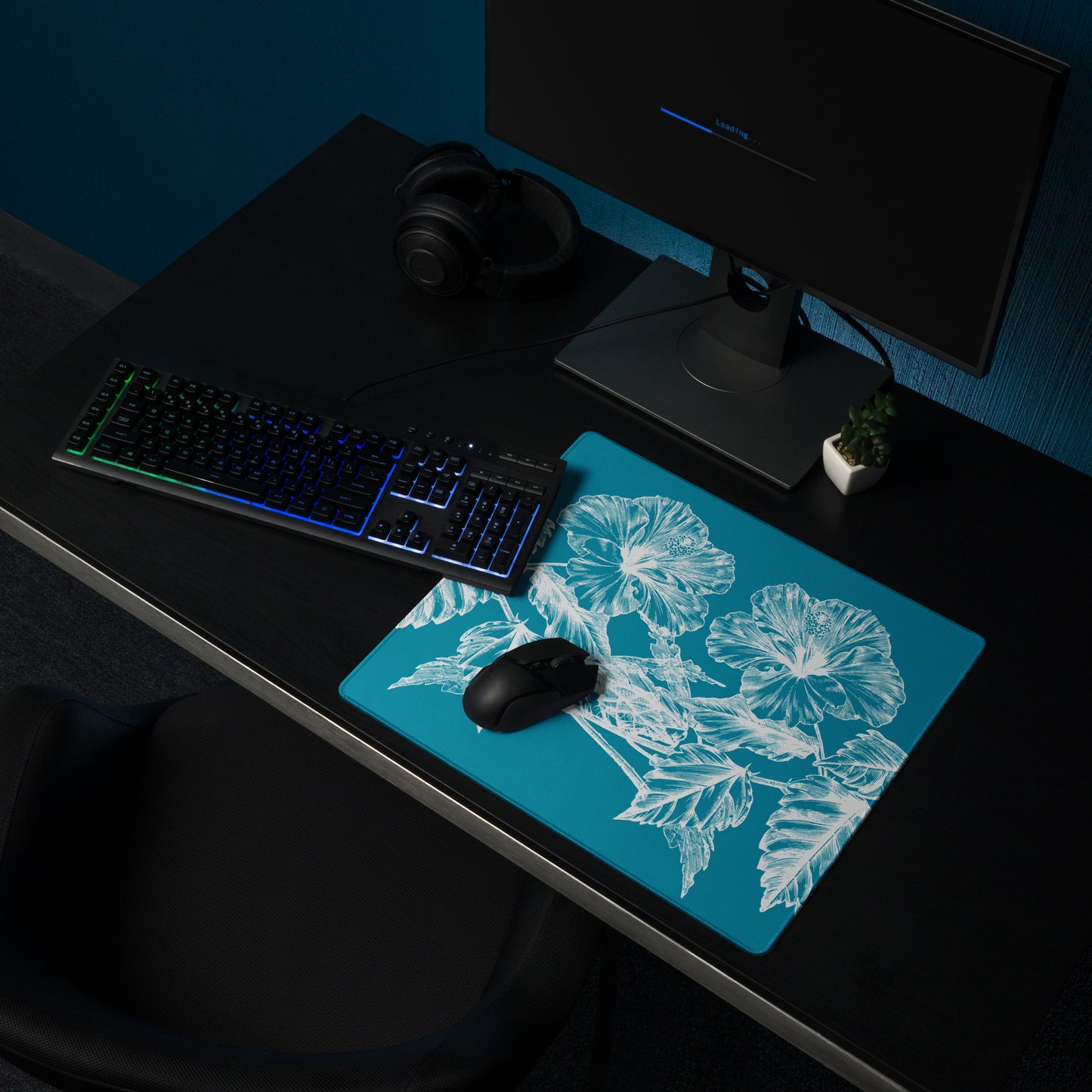 White Flowers Teal Desk Mat Gaming Mouse Pad 18″ × 16″