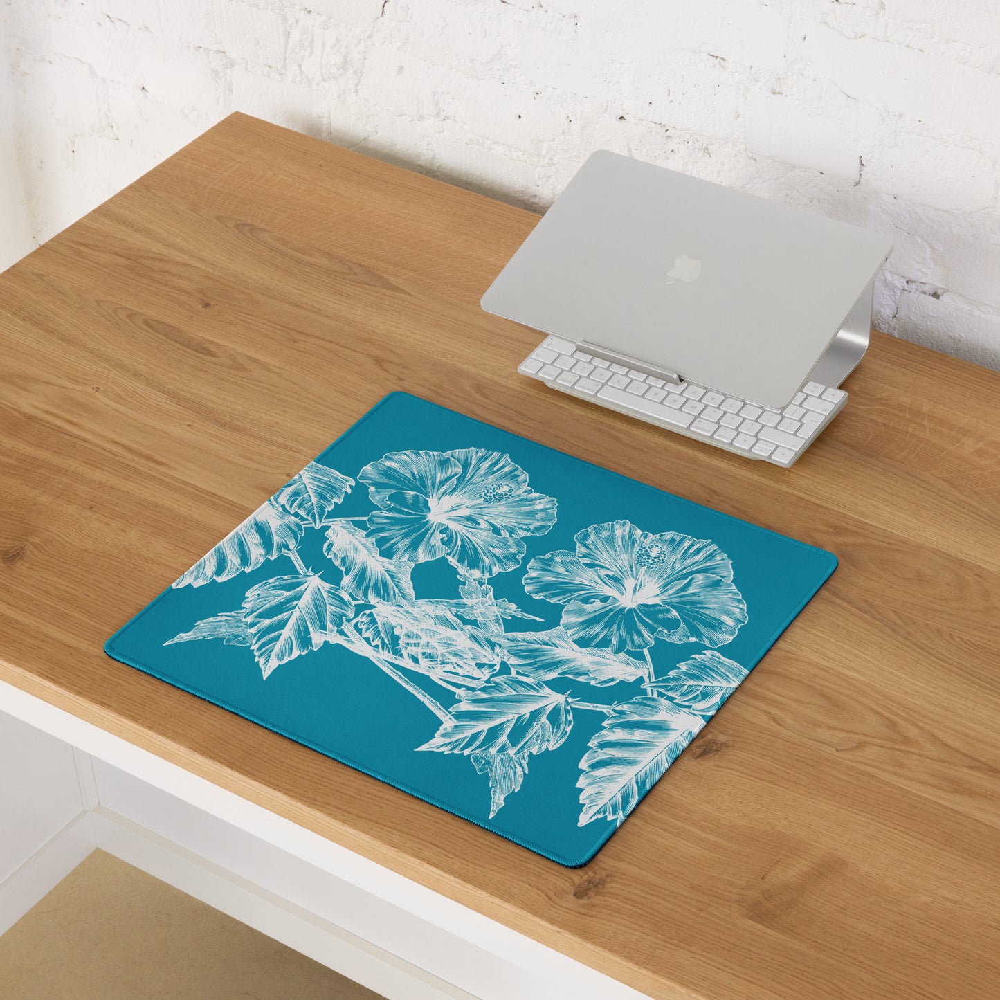 White Flowers Teal Desk Mat Gaming Mouse Pad 18″ × 16″