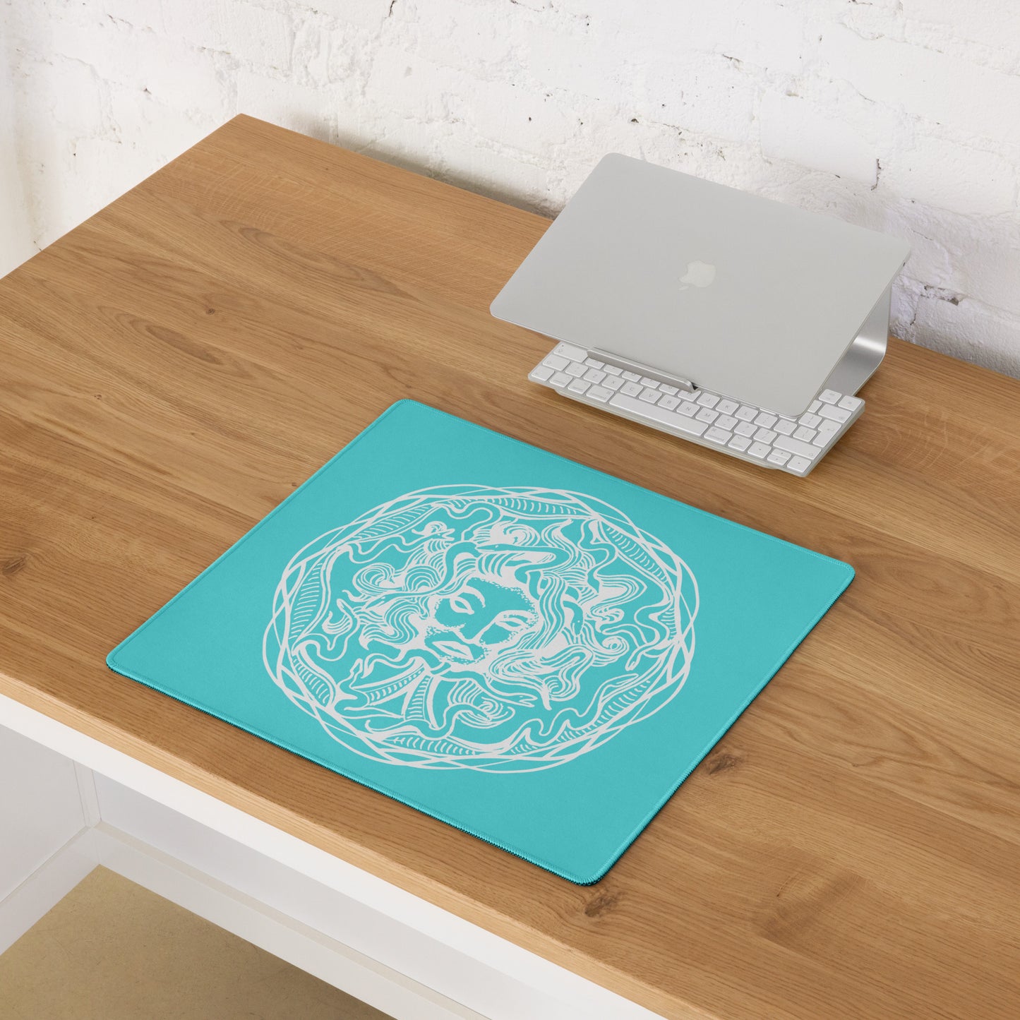 Medusa Circle Emblem Design Bright Blue Desk Mat Gaming Mouse Pad 18″ × 16″