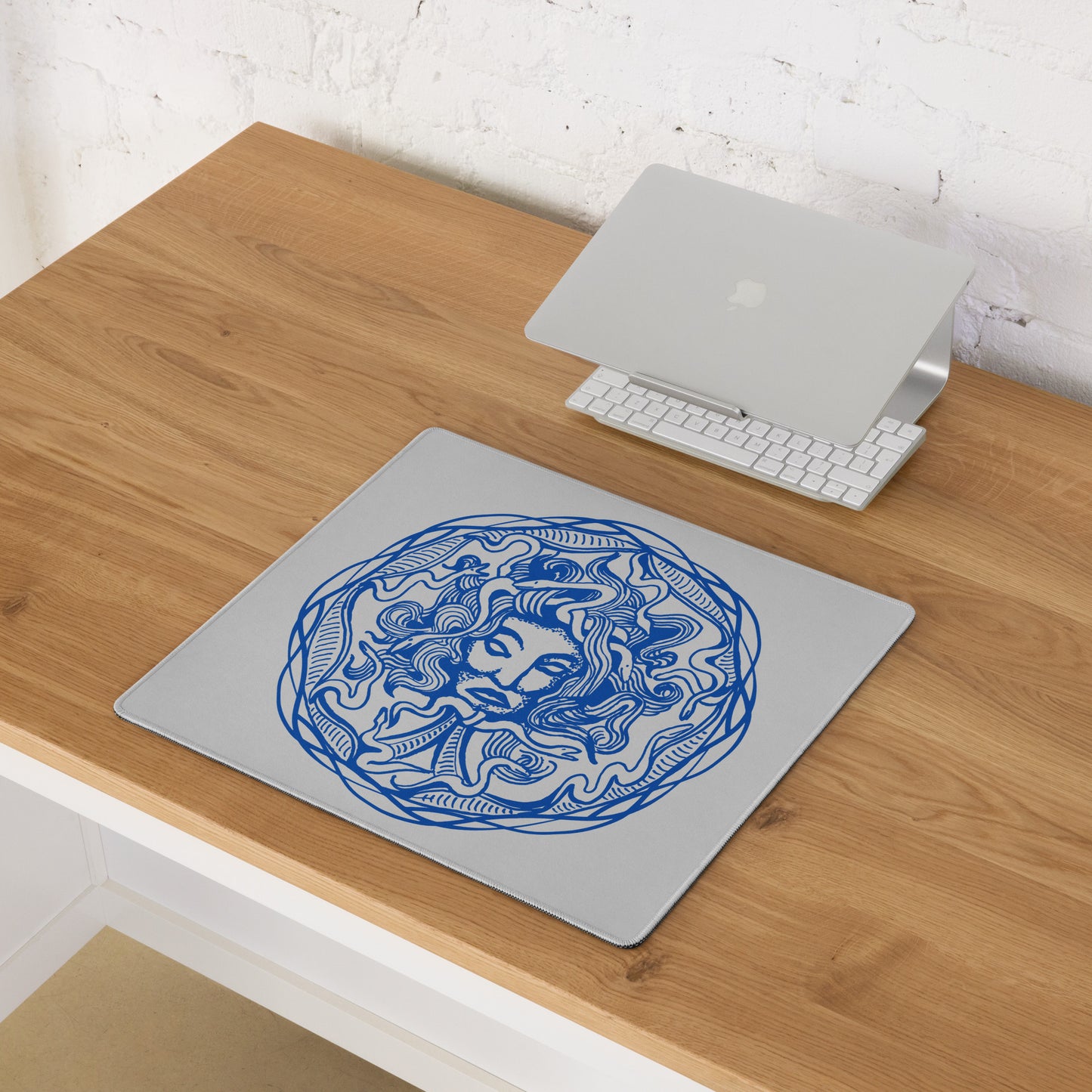 Medusa Circle Emblem Blue Design Gray Desk Mat Gaming Mouse Pad 18″ × 16″