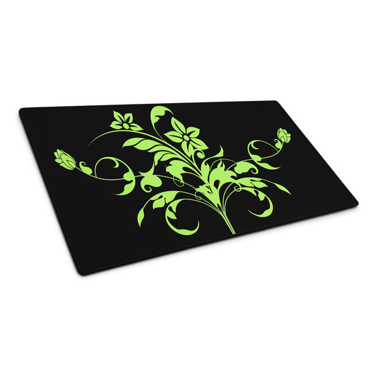 Green Floral Filigree Bouquet Black Desk Mat Large Laptop Mouse Pad 36″ × 18″