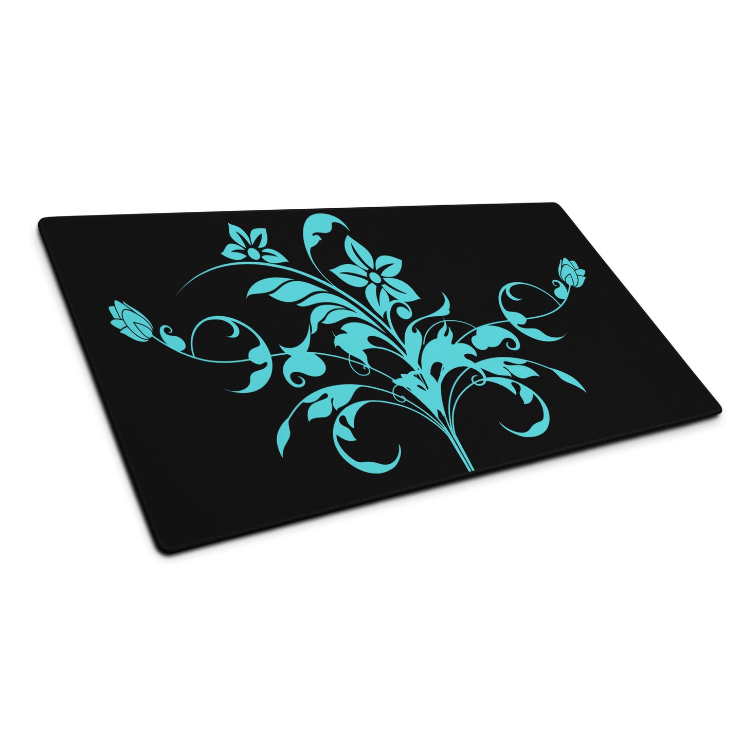 Blue Floral Filigree Bouquet Black Desk Mat Large Laptop Mouse Pad 36″ × 18″