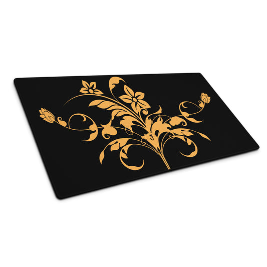 Orange Floral Filigree Bouquet Black Desk Mat Large Laptop Mouse Pad 36″ × 18″