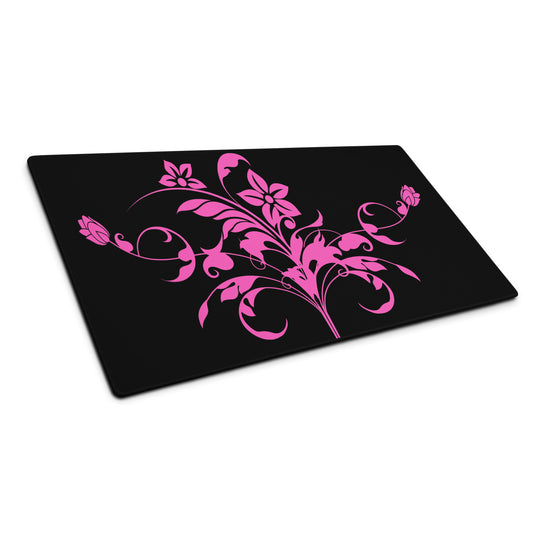 Pink Floral Filigree Bouquet Black Desk Mat Large Laptop Mouse Pad 36″ × 18″