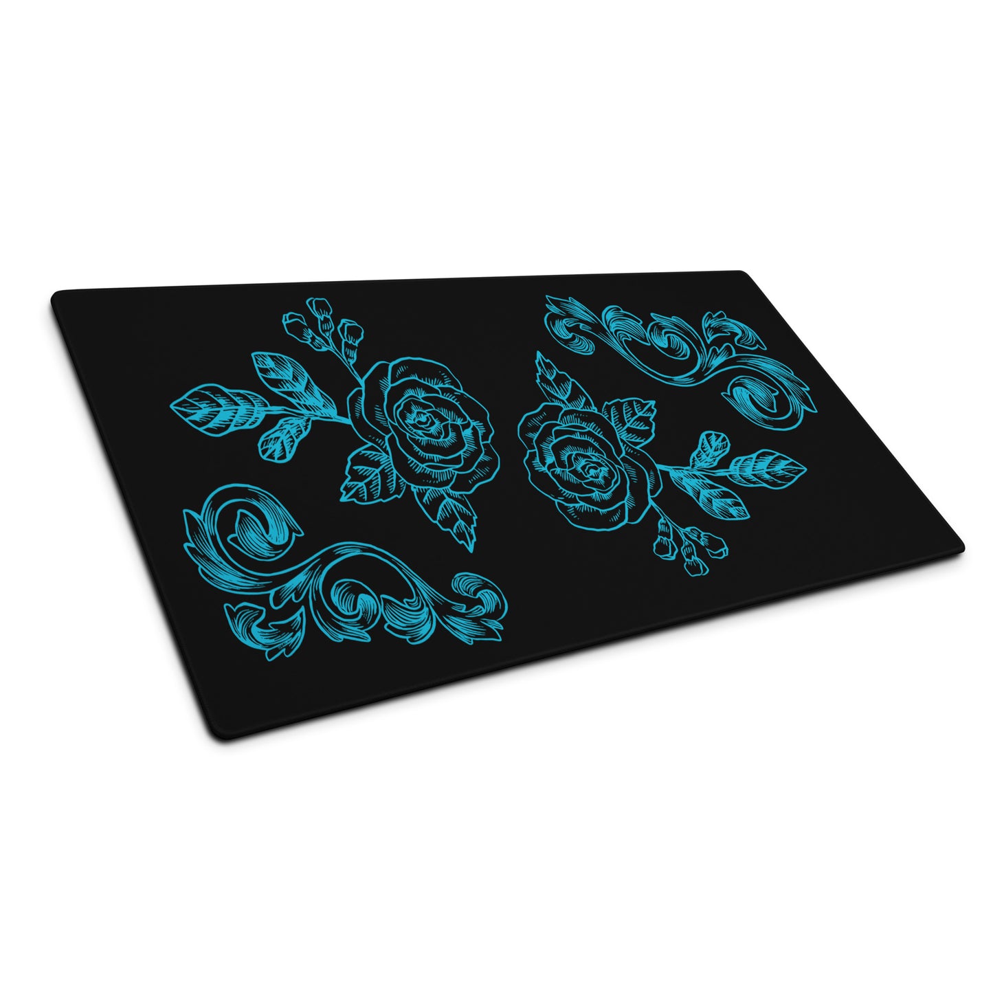 Blue Flower Filigree Black Desk Mat Large Laptop Mouse Pad 36″ × 18″