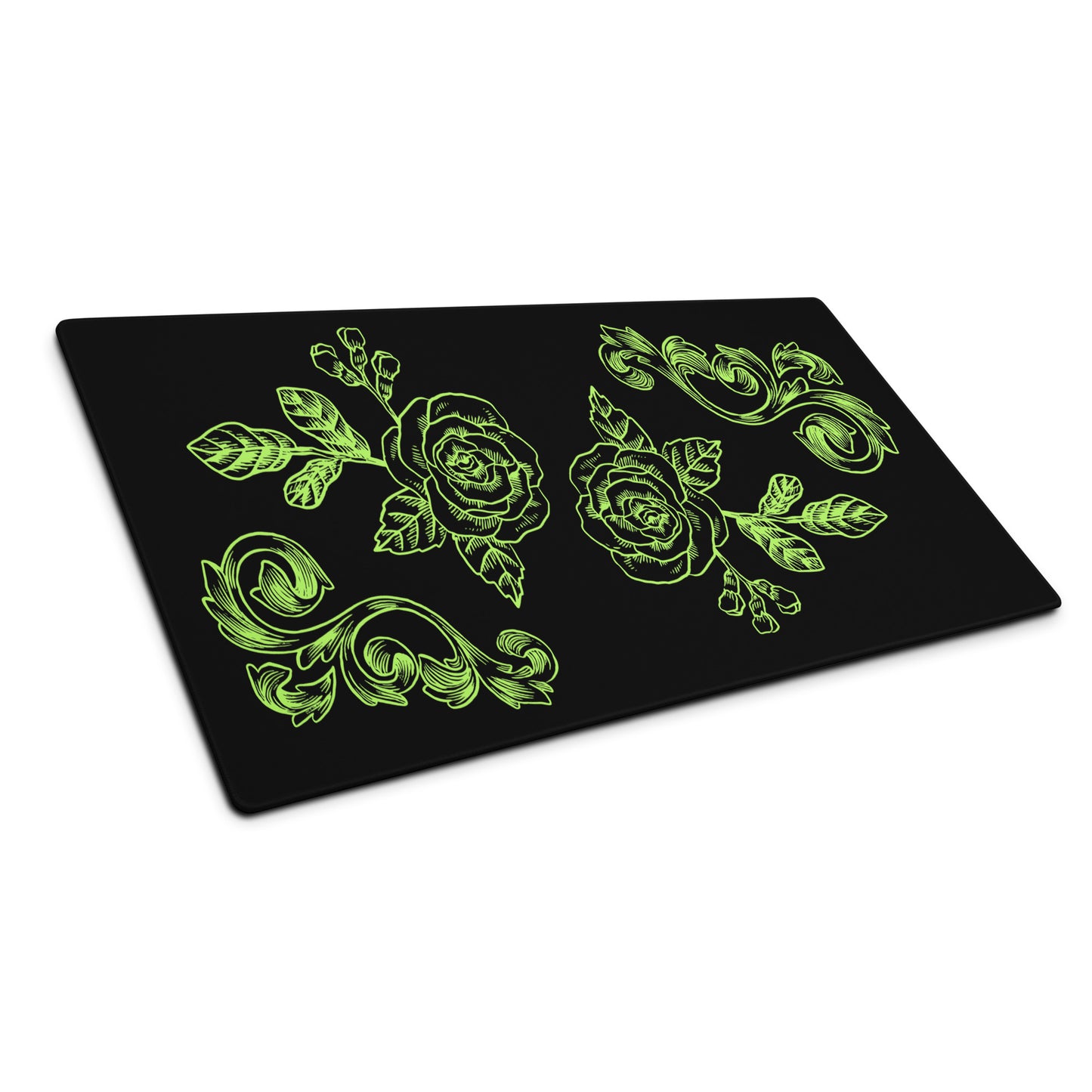 Green Flower Filigree Black Desk Mat Large Laptop Mouse Pad 36″ × 18″