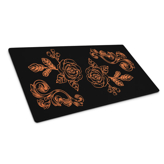 Orange Flower Filigree Black Desk Mat Large Laptop Mouse Pad 36″ × 18″