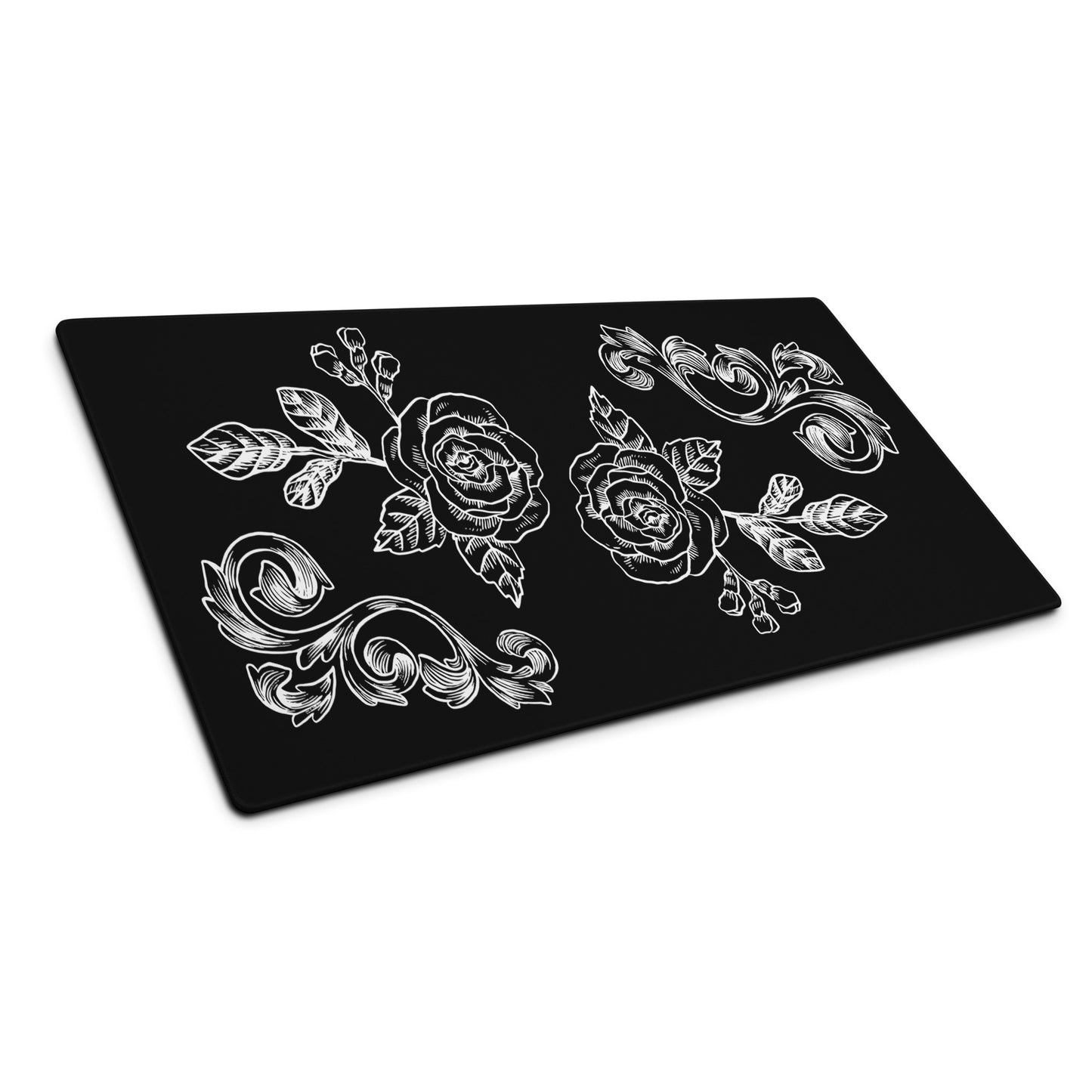 Flower Filigree Black Desk Mat Large Laptop Mouse Pad 36″ × 18″