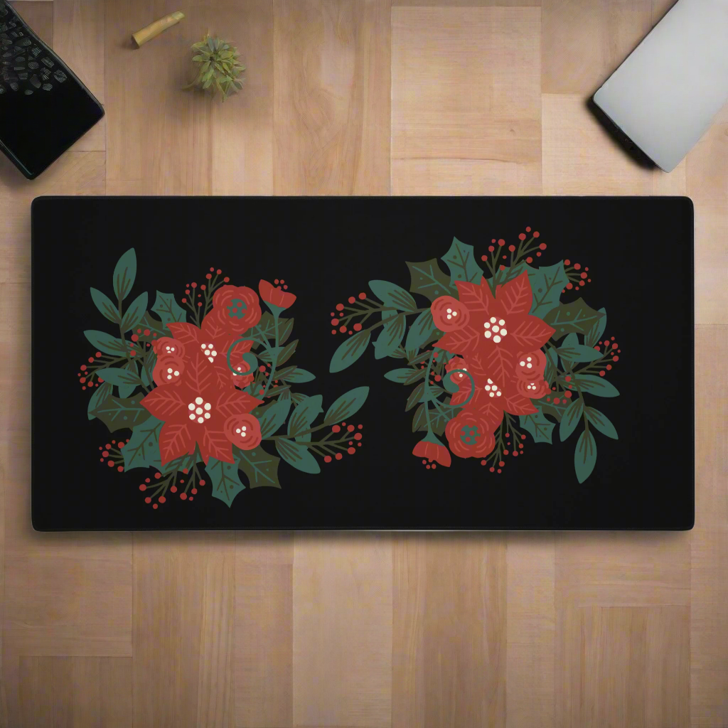 Poinsettia Holly Berry Black Desk Mat Large Laptop Gaming Mouse Pad 36″ × 18″