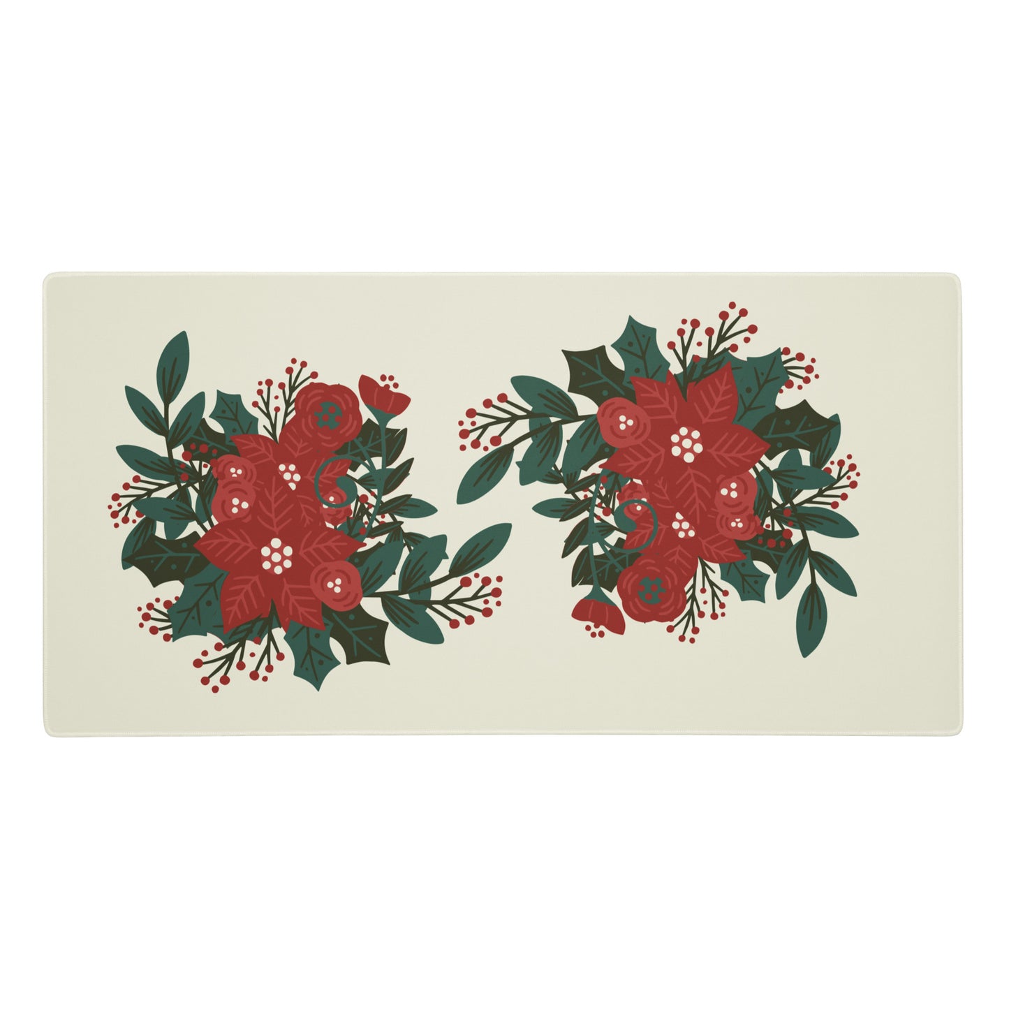 Poinsettia Holly Berry Cream Desk Mat Large Laptop Gaming Mouse Pad 36″ × 18″