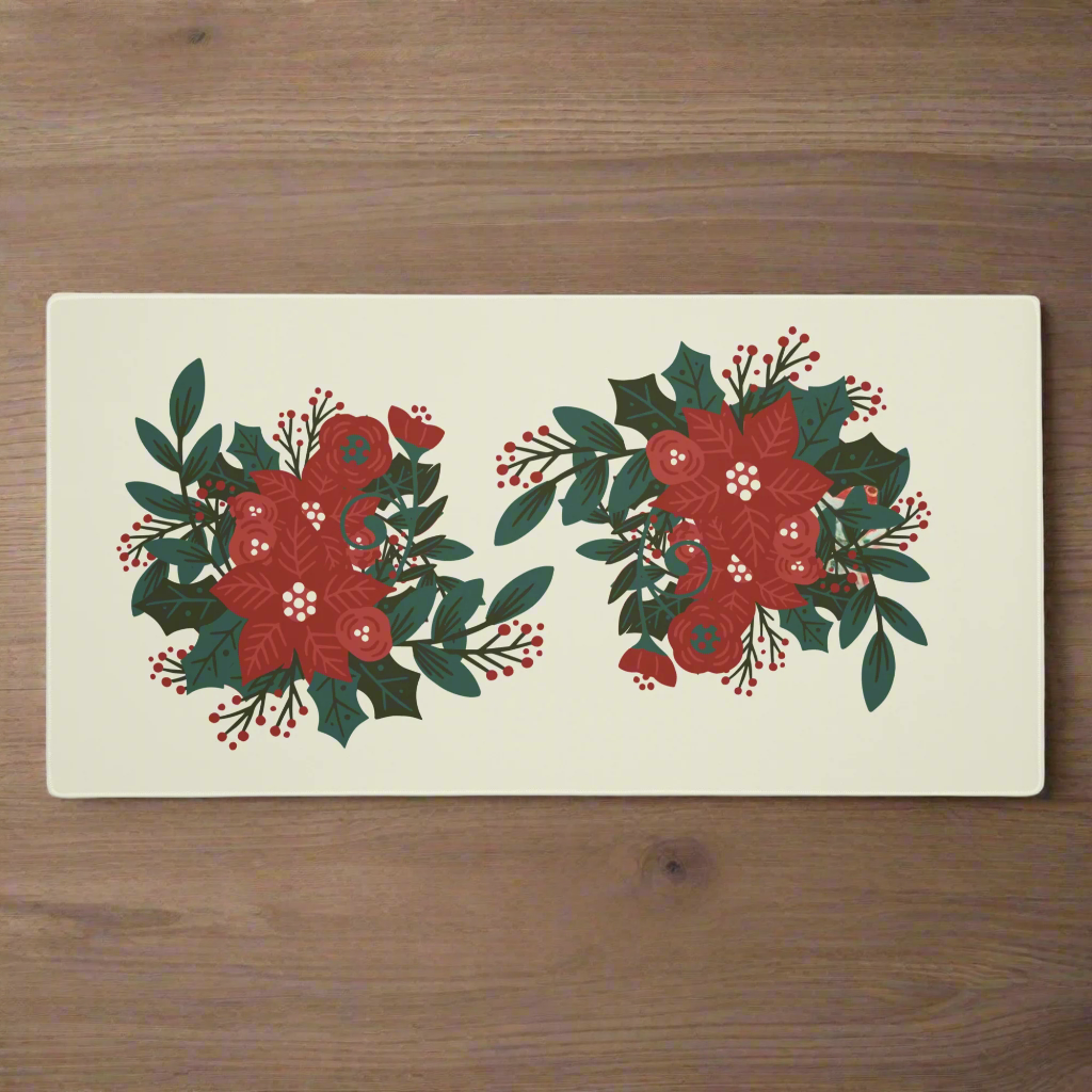 Poinsettia Holly Berry Cream Desk Mat Large Laptop Gaming Mouse Pad 36″ × 18″